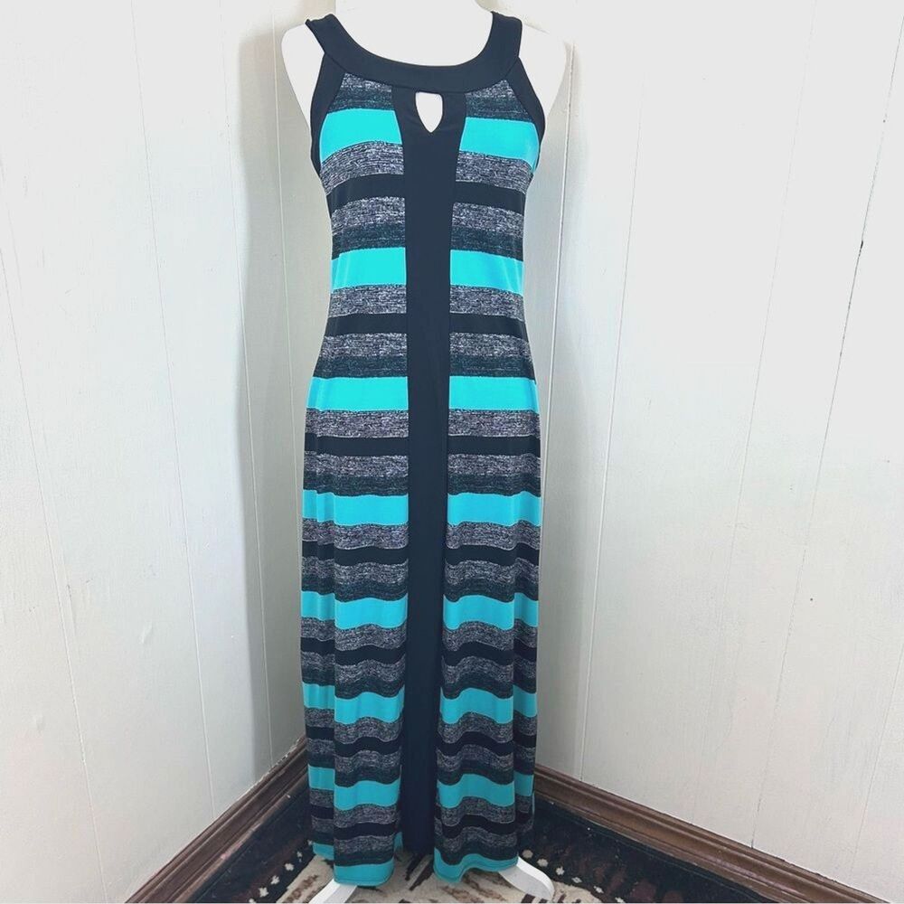 Elie McCarthy Maxi Dress Size XS Black Turquoise Striped Sleeveless Stretch Dres